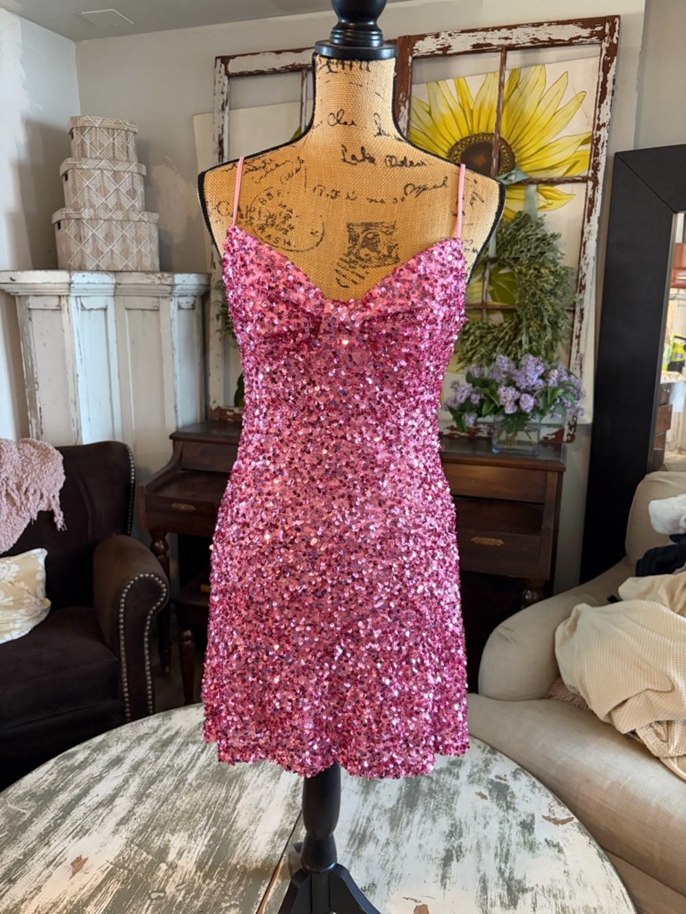 B Darlin Dark Pink Sequin Spaghetti Strap Dress